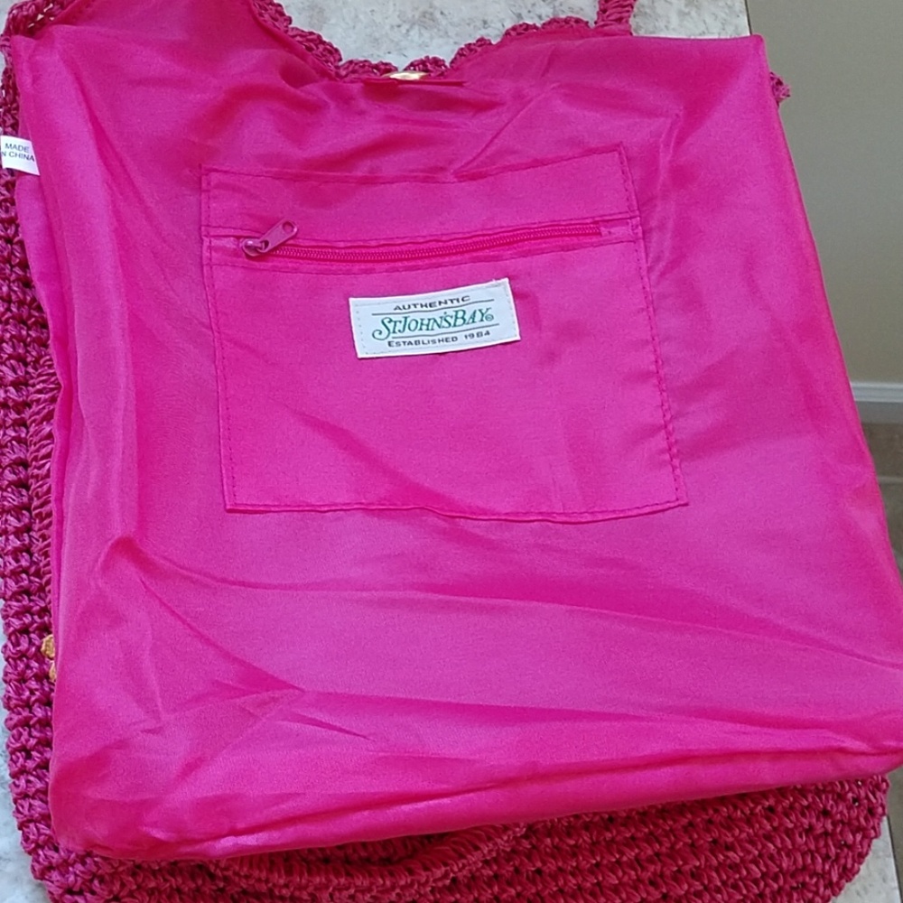 NEW Hot Pink Straw Bag Tote Lined Purse Inside Zip St. Johns Bay Embroidered - Picture 5 of 8